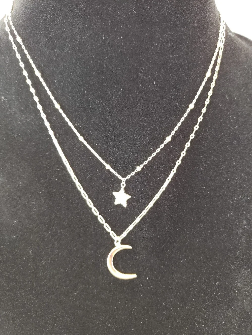 Sterling Silver Vermeil Double Strand Star with CZs and Crescent Moon Necklace